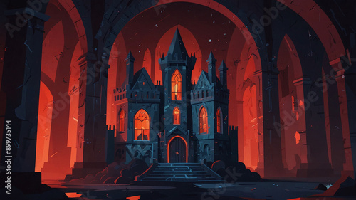 Mysterious Spooky Castle Interior with Eerie Red Glow and Gothic Arches for Halloween Night