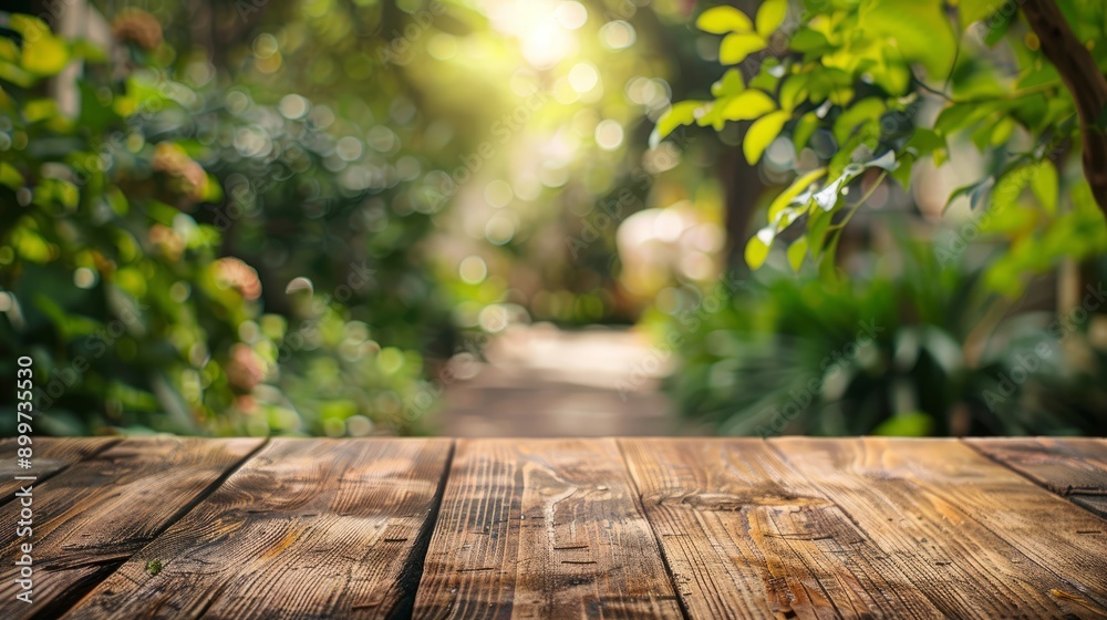 Wooden table and blurred green nature garden background Wooden table and blurred green nature garden background