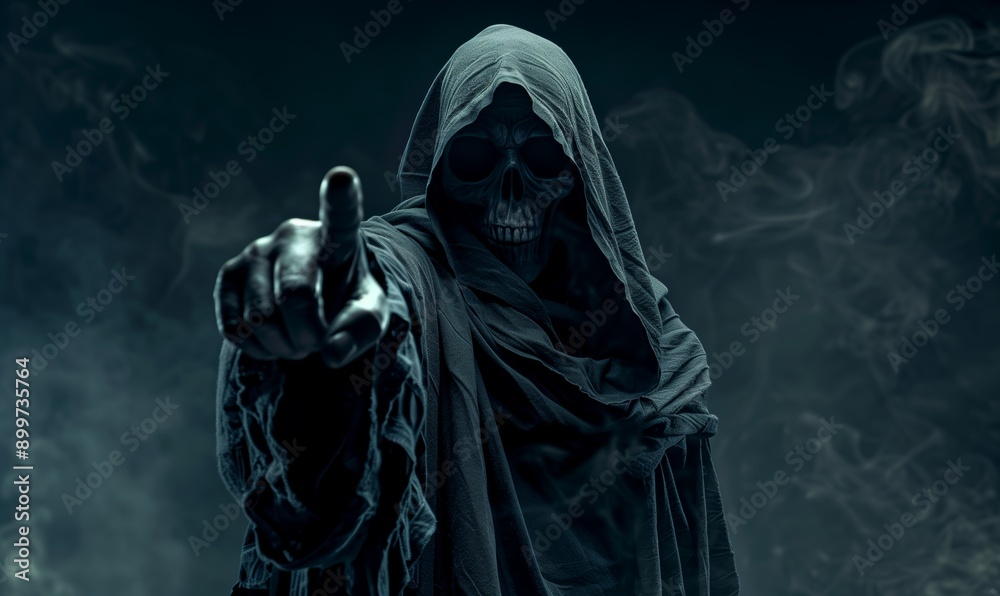 A grim spook scary skeletal face in black hood reaching out from the dark, pointing his hand at camera. Dark background, foggy atmosphere. Smoke and gray tones. Horror style. A grim spook scary skeletal face in black hood reaching out from the dark, pointing his hand at camera. Dark background, foggy atmosphere. Smoke and gray tones. Horror style.