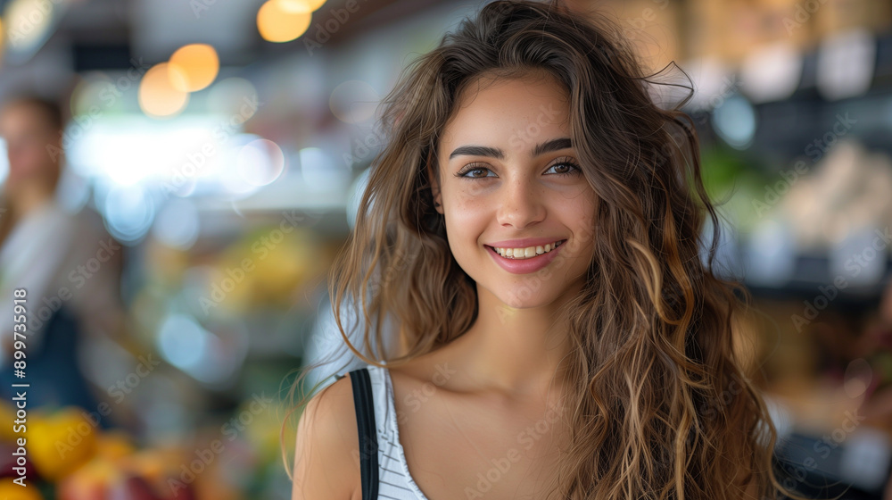Beautiful Egyptian Girl Smiling At Camera In Grocery Store Near Fruit Aisle, Wearing Casual Attire, Blurred Background, Candid Portrait, Happy, Fresh Produce, Natural Light, Modern Lifestyle Beautiful Egyptian Girl Smiling At Camera In Grocery Store Near Fruit Aisle, Wearing Casual Attire, Blurred Background, Candid Portrait, Happy, Fresh Produce, Natural Light, Modern Lifestyle