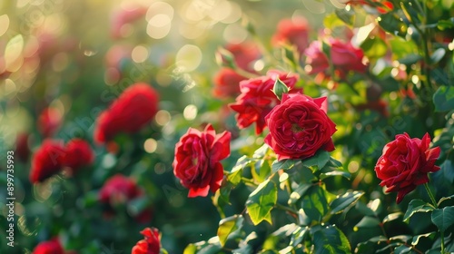 Beautiful Summer Morning with Red Roses on Bush in Garden