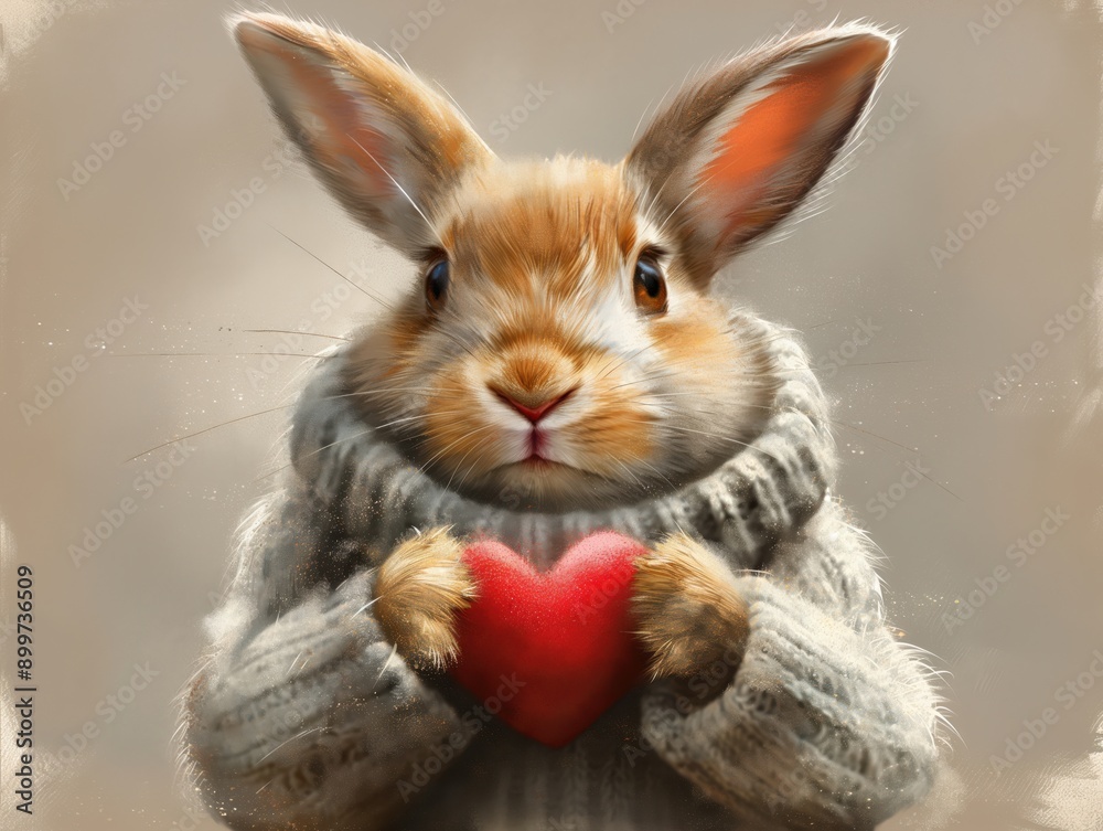 Fototapeta premium An adorable rabbit in a sweater holding a red heart, evoking warmth and affection with a cute and cozy appearance.