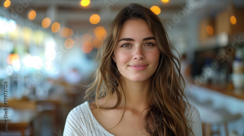 Young Adult Beautiful Greek Girl Smiling At Camera In Cafe, Wearing Casual Attire, Blurred Background with Bokeh Lights, Candid Portrait, Happy, Modern Lifestyle