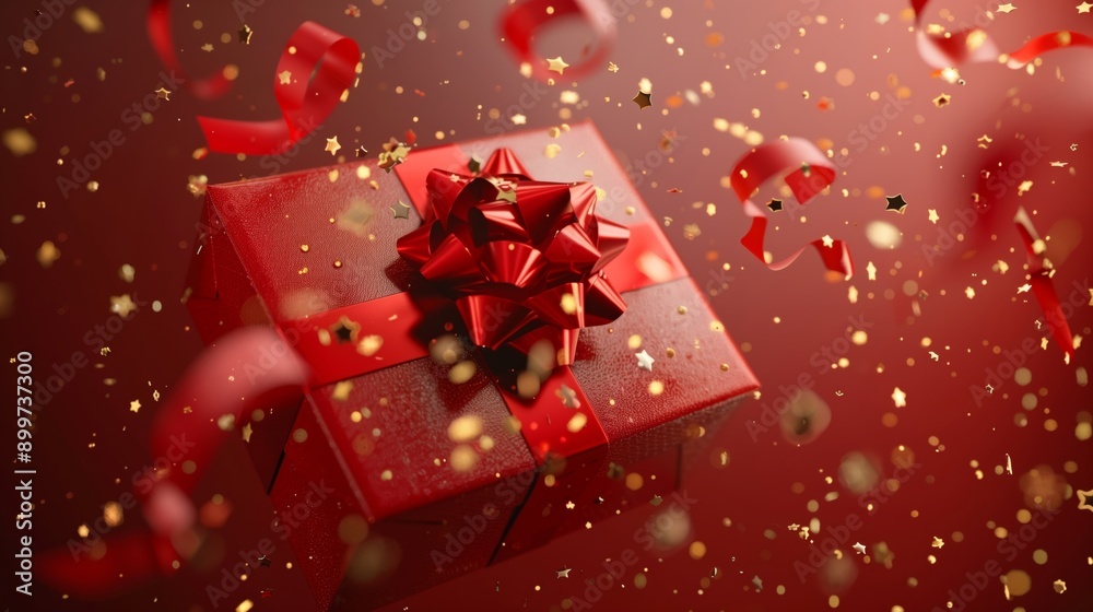 A beautifully wrapped red gift with a shiny bow and festive decorations A beautifully wrapped red gift with a shiny bow and festive decorations