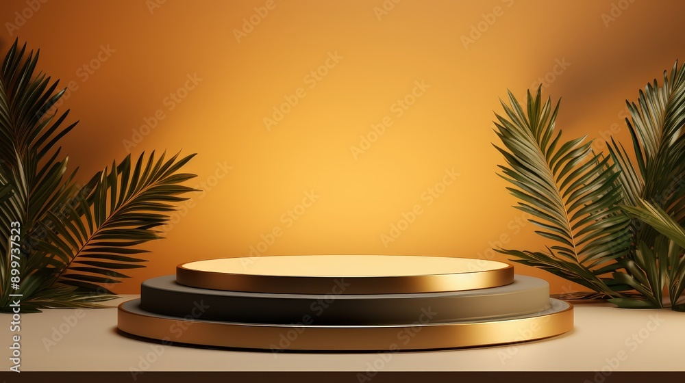 Minimalist Product Display with Palm Leaves and Warm Background Minimalist Product Display with Palm Leaves and Warm Background