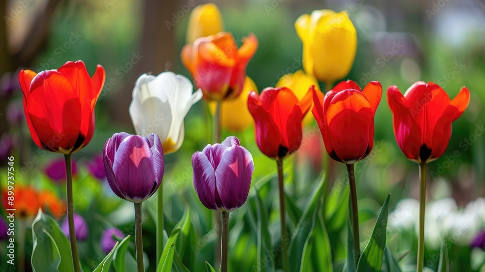 Red tulips with fully bloomed yellow white and purple centers Red tulips with fully bloomed yellow white and purple centers