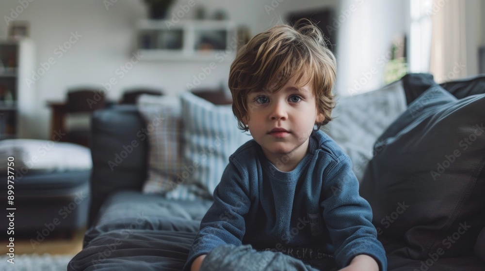 A creative boy with blonde hair sits on a grey couch, paint on his fingers. Modern living room with books and warm decor - cozy family atmosphere. A creative boy with blonde hair sits on a grey couch, paint on his fingers. Modern living room with books and warm decor - cozy family atmosphere.