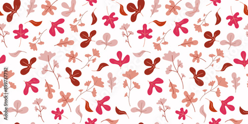 Pattern of autumn leaves and flowers. Seamless vector background. Nature, autumn season. Drawings, doodles. Flat repeating background for wallpaper, packaging, textile.