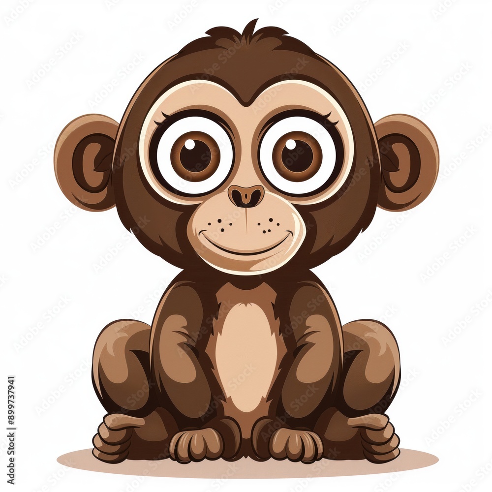 Fototapeta premium A cute, stylized cartoon of a monkey with large ears sitting on the ground with hands on knees, facing forward.
