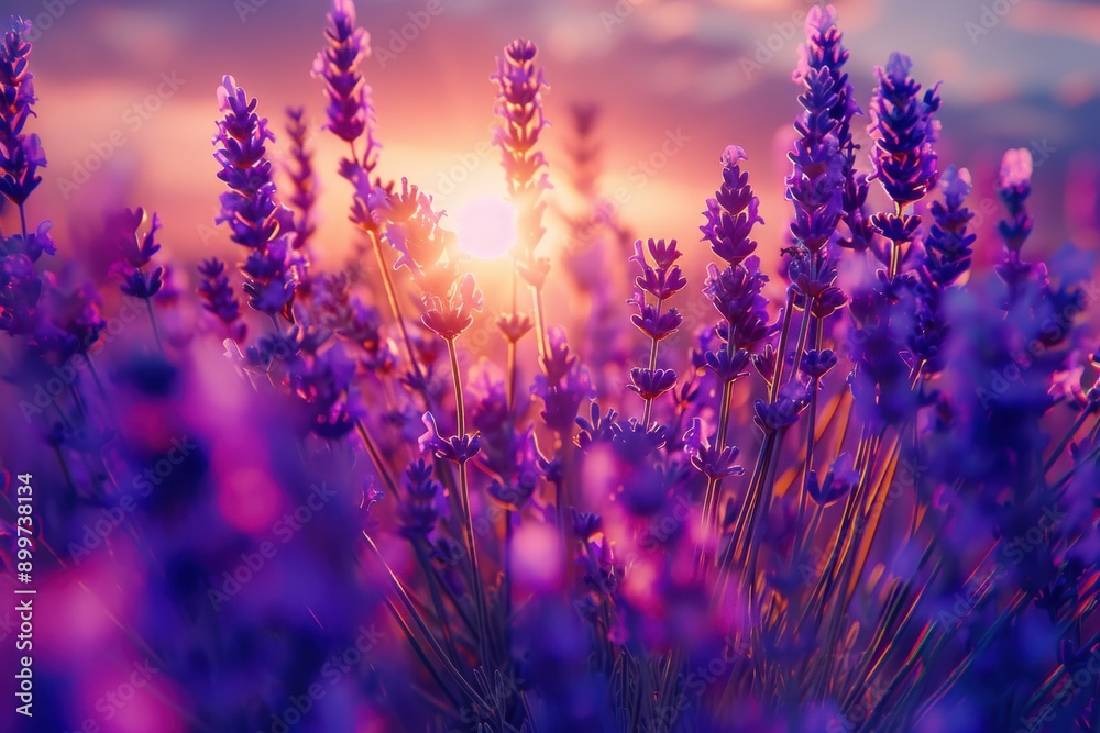 Naklejka premium Gracefully moving organic lavender flowers in the twilight breeze at dusk. Fields of european lavender. Blooming fragrant purple lavender plants as the sun sets