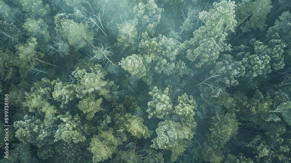 Fototapeta premium Forest treetop view in panoramic natural setting with day sunlight and mystical ambiance