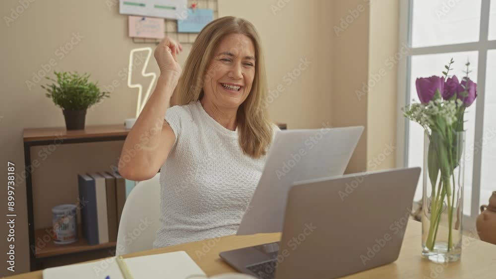 Mature blonde woman working and showing joy at her home office next to a laptop and flowers Mature blonde woman working and showing joy at her home office next to a laptop and flowers
