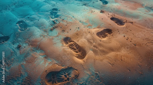 Footprints in discolored sand moving horizontally photo