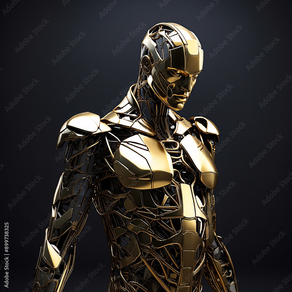 Humanoid figure with scattered golden elements constituting its body, disintegration of pieces of humanoid body, dystopian futuristic illustration wallpaper background Humanoid figure with scattered golden elements constituting its body, disintegration of pieces of humanoid body, dystopian futuristic illustration wallpaper background