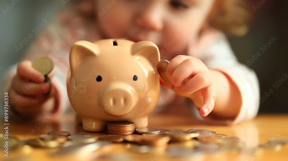 A child placing coins into a piggy bank, symbolizing savings, financial planning, and the importance of teaching money management to kids. A child placing coins into a piggy bank, symbolizing savings, financial planning, and the importance of teaching money management to kids.