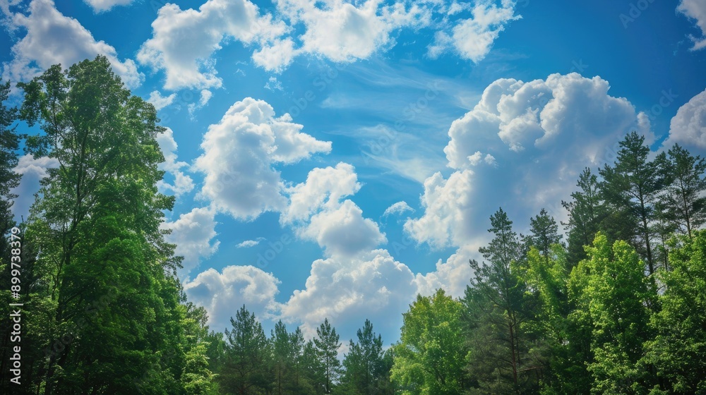Forest and cloudy blue sky