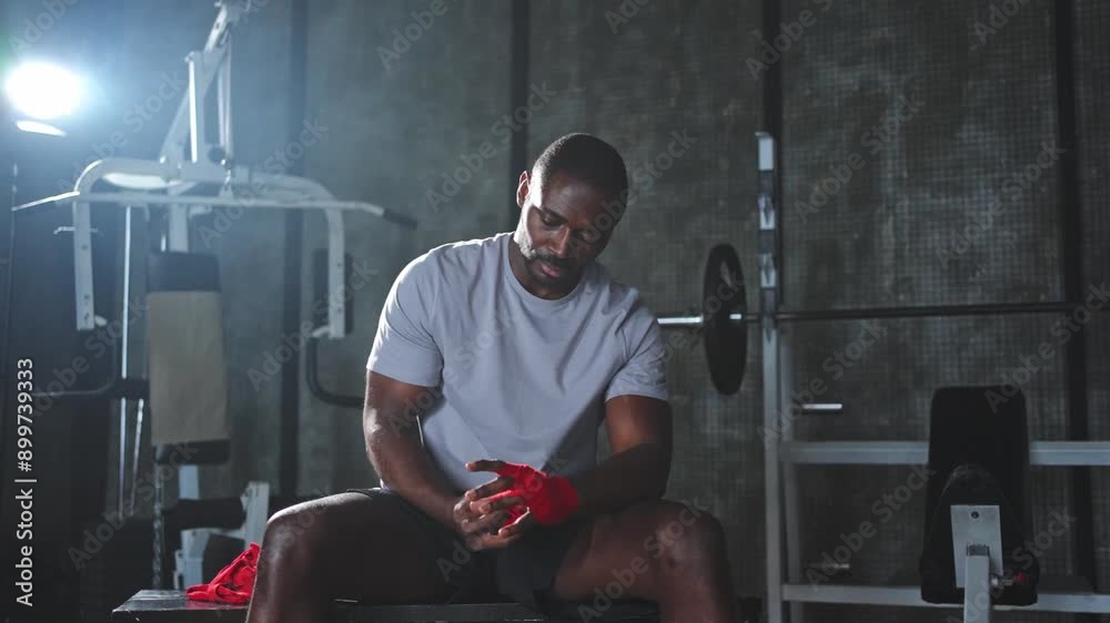 Fitness workout in gym. African American man fighter preparing for fight wrapping hands with red boxing wraps sports protective bandages in gym. Strong man ready for fight boxing sparring training Fitness workout in gym. African American man fighter preparing for fight wrapping hands with red boxing wraps sports protective bandages in gym. Strong man ready for fight boxing sparring training