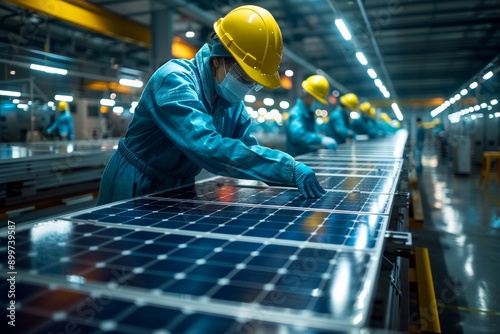 Technicians in a solar panel manufacturing plant, renewable energy. Generative AI