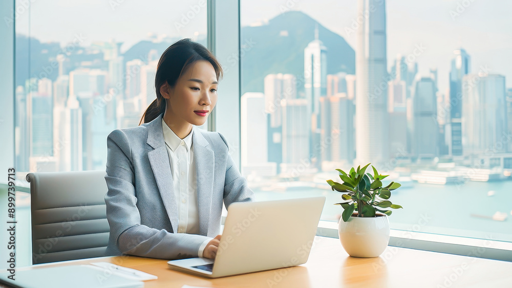 Fototapeta premium Professional woman working on a laptop in a modern office with a city skyline view.