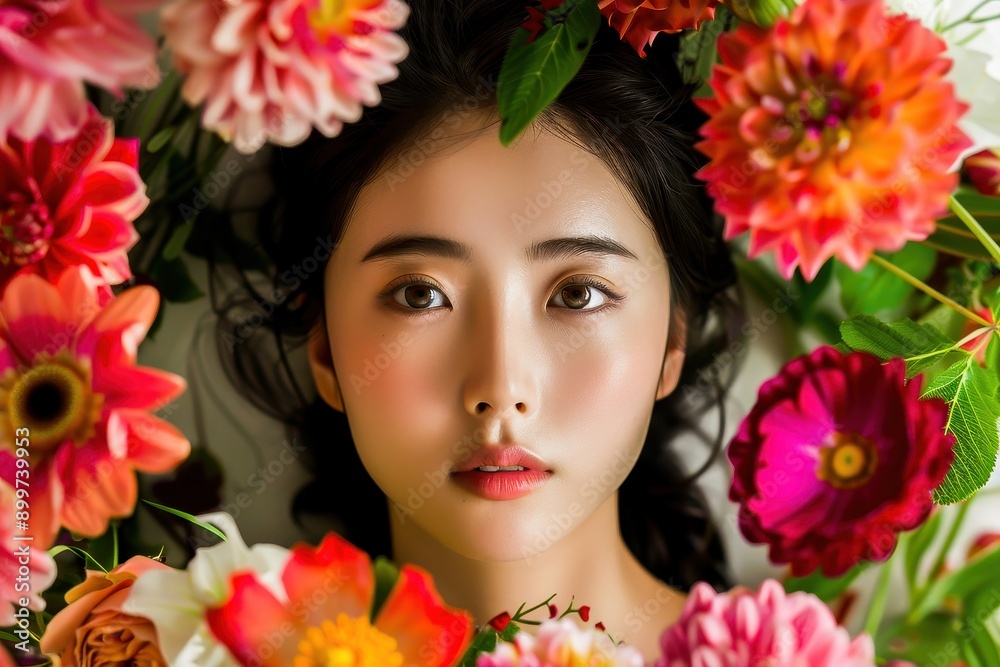 Close-up portrait of a young woman surrounded by vibrant flowers, showcasing natural beauty and elegance. Close-up portrait of a young woman surrounded by vibrant flowers, showcasing natural beauty and elegance.