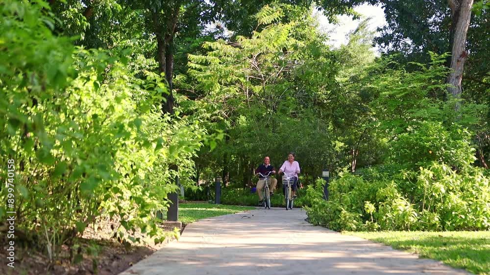 Asian retired couple ride bicycles together visit the ecotourism park in the botanical garden shady trees are happy keep good health and mental health during the weekly holiday. Asian retired couple ride bicycles together visit the ecotourism park in the botanical garden shady trees are happy keep good health and mental health during the weekly holiday.