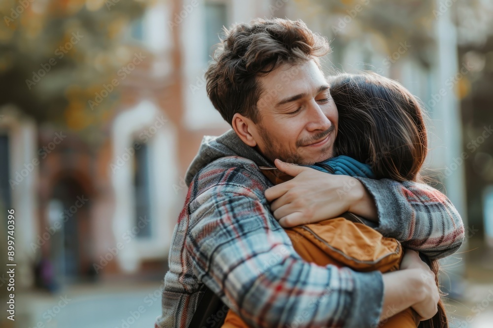 Heartfelt embrace of a parent and child at the college dormitory entrance - Realistic family moment captured Heartfelt embrace of a parent and child at the college dormitory entrance - Realistic family moment captured