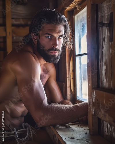 A strong man with intense eyes, posing in a rustic interior by a window, embodying masculinity and resolve. photo