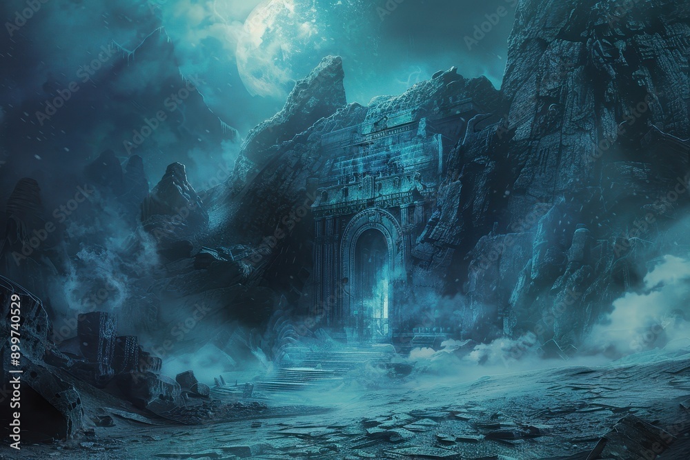 Ancient temple entrance in a frozen wasteland with blue moonlight Ancient temple entrance in a frozen wasteland with blue moonlight