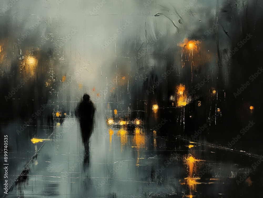 Solitary figure walking in a rain-soaked street at night, capturing a solitary and pensive mood under dim streetlights.