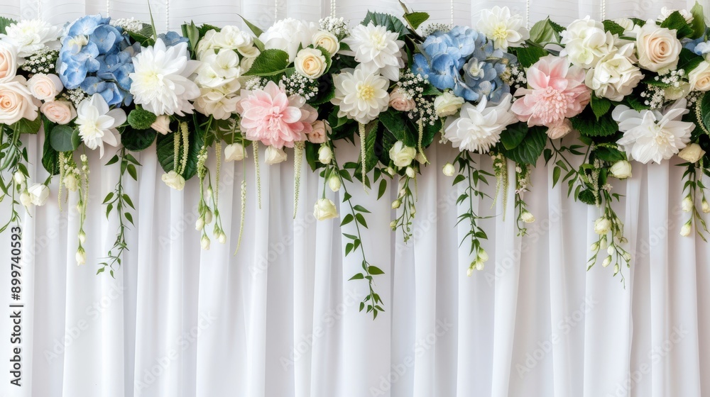 A beautiful floral arrangement featuring pastel roses and hydrangeas adorns a white drapery backdrop, enhancing the ambiance for a celebratory event A beautiful floral arrangement featuring pastel roses and hydrangeas adorns a white drapery backdrop, enhancing the ambiance for a celebratory event