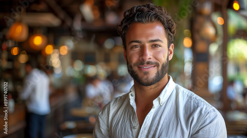 Handsome Young Middle Age Egyptian Man Sitting In A Cafe, People And Bokeh Light In Blurred Background, Wearing Casual Attire And Socialising