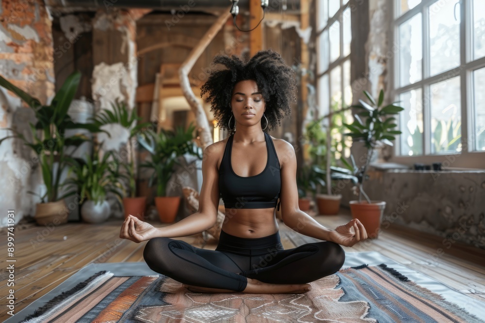 Black Man Doing Yoga. Indoor Lotus Position for Relaxation and Meditation Black Man Doing Yoga. Indoor Lotus Position for Relaxation and Meditation