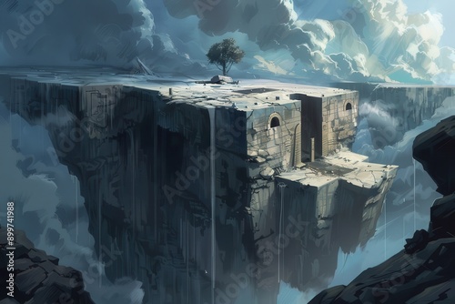 Ancient temple ruins atop a floating island in the sky photo