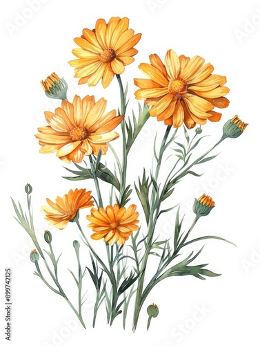 Calendula Illustration. Watercolor Bouquet of Orange Daisy Flowers Close Up