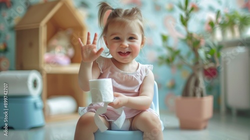 A smiling baby sitting on a potty