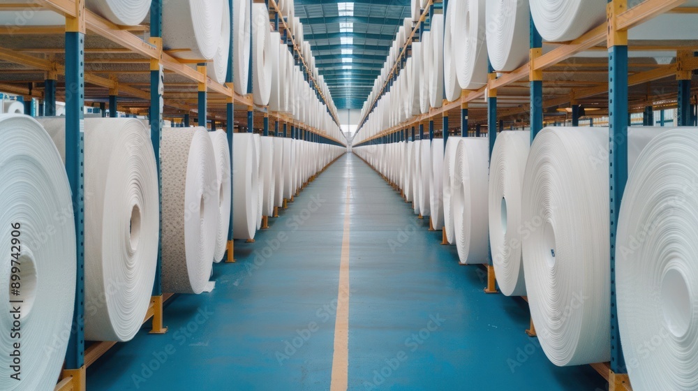 Perspective view of large paper rolls stacked in rows in a warehouse, illustrating industrial paper manufacturing and storage. Perspective view of large paper rolls stacked in rows in a warehouse, illustrating industrial paper manufacturing and storage.