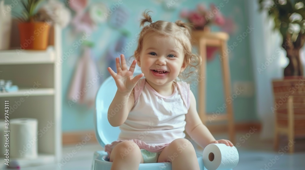 A smiling baby sitting on a potty A smiling baby sitting on a potty