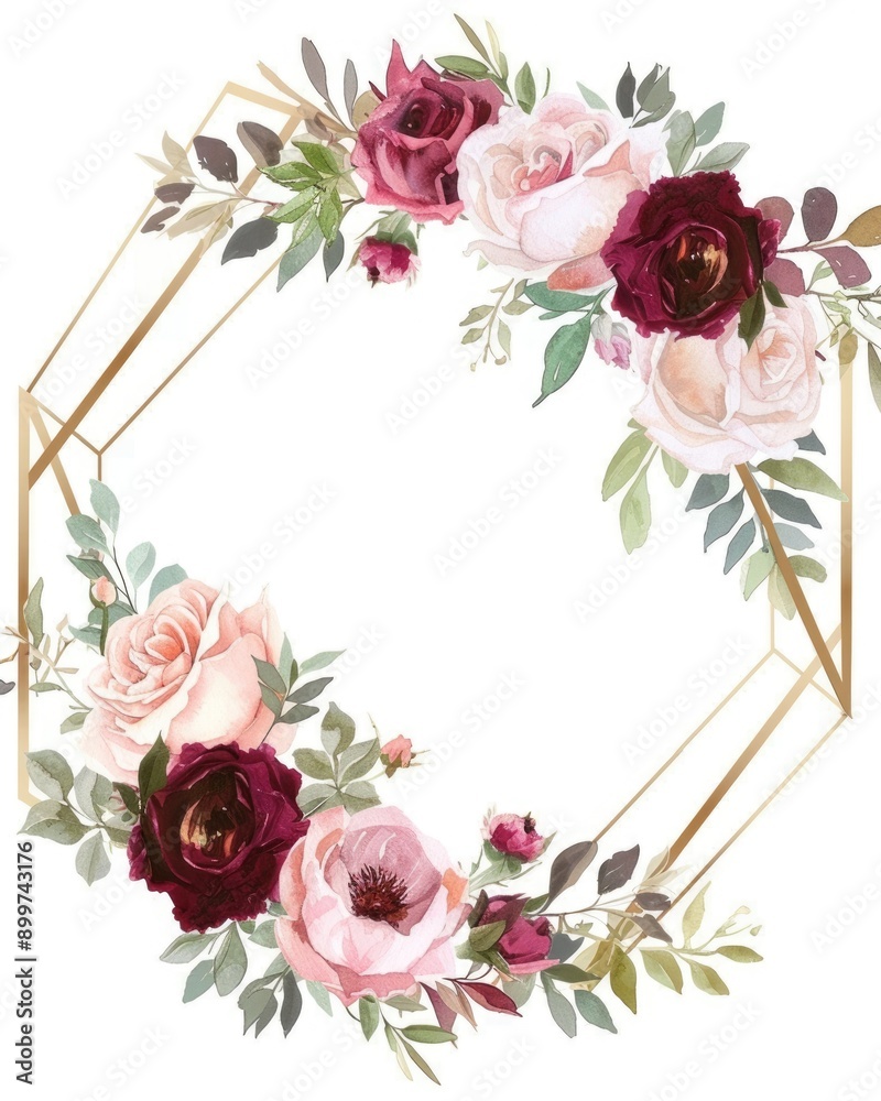 Gold And Burgundy Flowers. Geometric Floral Frame with Watercolor Bouquets of Pink and Roses Gold And Burgundy Flowers. Geometric Floral Frame with Watercolor Bouquets of Pink and Roses