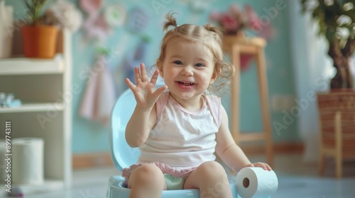 A smiling baby sitting on a potty