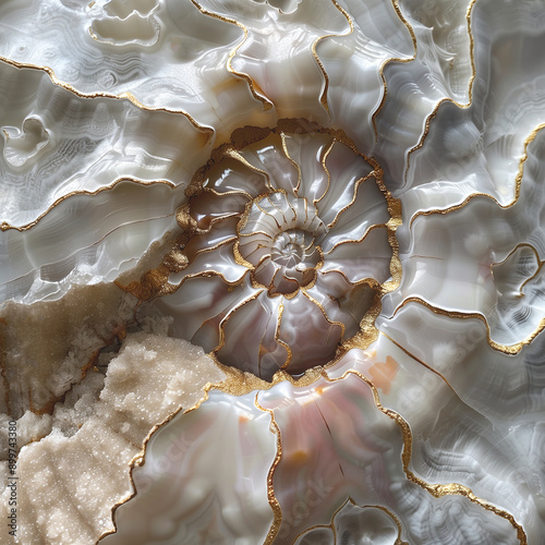 Cross section of seashell fossil. Mother of pearl with gold veins. Pattern reminiscent of Japanese kintsugi.