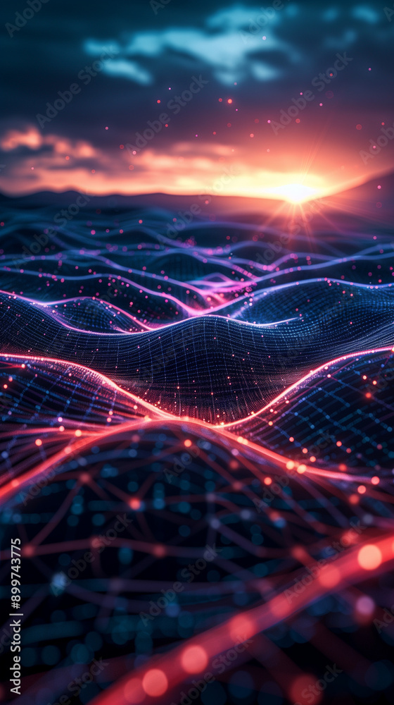 A digital landscape with abstract shapes and glowing lines representing the flow of data, highlighting the constant battle between cybersecurity professionals and cybercriminals 