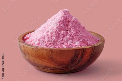 pink color powder in wooden bowl photo