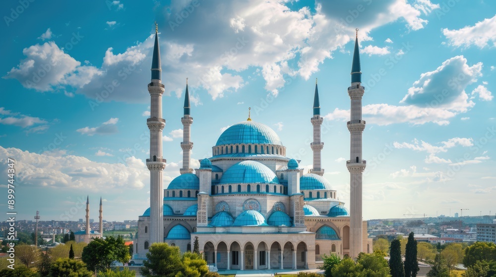 Fototapeta premium Mosque in Adana, Turkey: Architectural Marvel with Blue Dome and Minaret