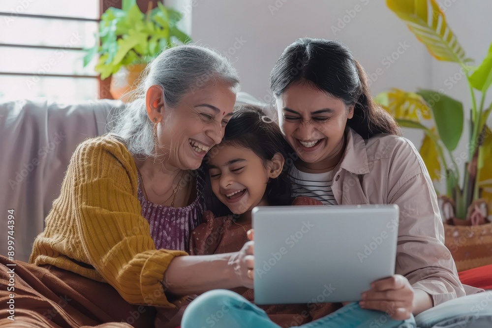 mother looking laptop with daughter on sofa