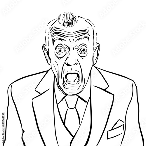 PrintAn old man wearing jacket with a bow tie opens his mouth in amazement and widens his eyes, comic pop art vector illustration, outline