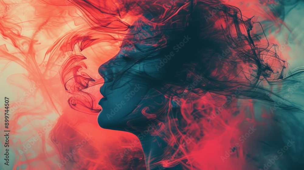 A surreal image of a woman's face enveloped in ethereal smoke clouds, blending blue and red hues. The dreamy and mysterious atmosphere adds a sense of intrigue and wonder to the scene. A surreal image of a woman's face enveloped in ethereal smoke clouds, blending blue and red hues. The dreamy and mysterious atmosphere adds a sense of intrigue and wonder to the scene.