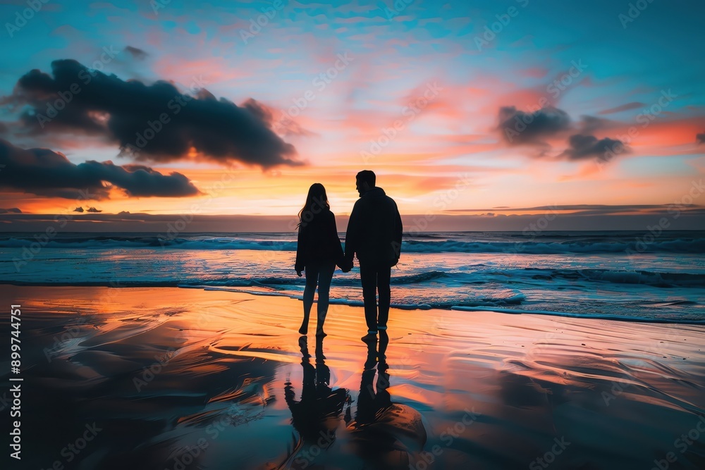 Fototapeta premium Silhouette of a couple standing on the beach, holding hands while watching a colorful sunset over the horizon. Romantic and serene moment.