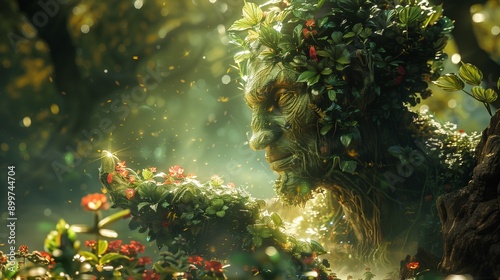 Imaginative depiction of a half-human creature planting a magical garden, blending nature and fantasy
