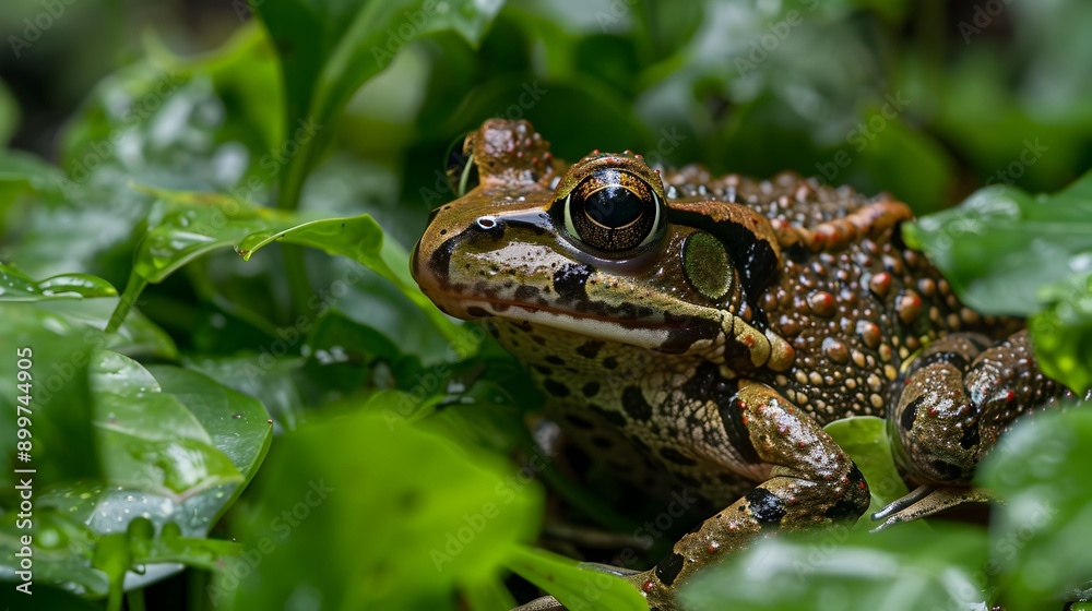 A frog is sitting in the middle of a green leafy plant. The frog is green and has yellow eyes A frog is sitting in the middle of a green leafy plant. The frog is green and has yellow eyes