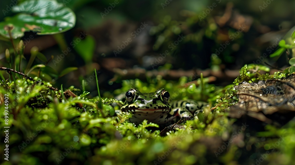 A frog is sitting in the middle of a green leafy plant. The frog is green and has yellow eyes A frog is sitting in the middle of a green leafy plant. The frog is green and has yellow eyes